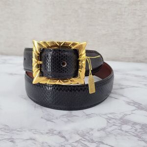 Kleinberg Sherrill Vintage Black Lizard Textured Leather Belt with Gold Buckle